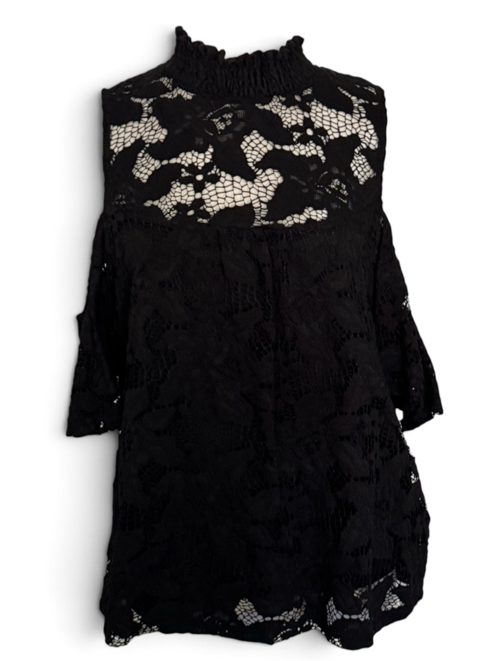 “G Collection” Black Mock Neck Cold Shoulder Top Smocked Ruffled Neck Size XL